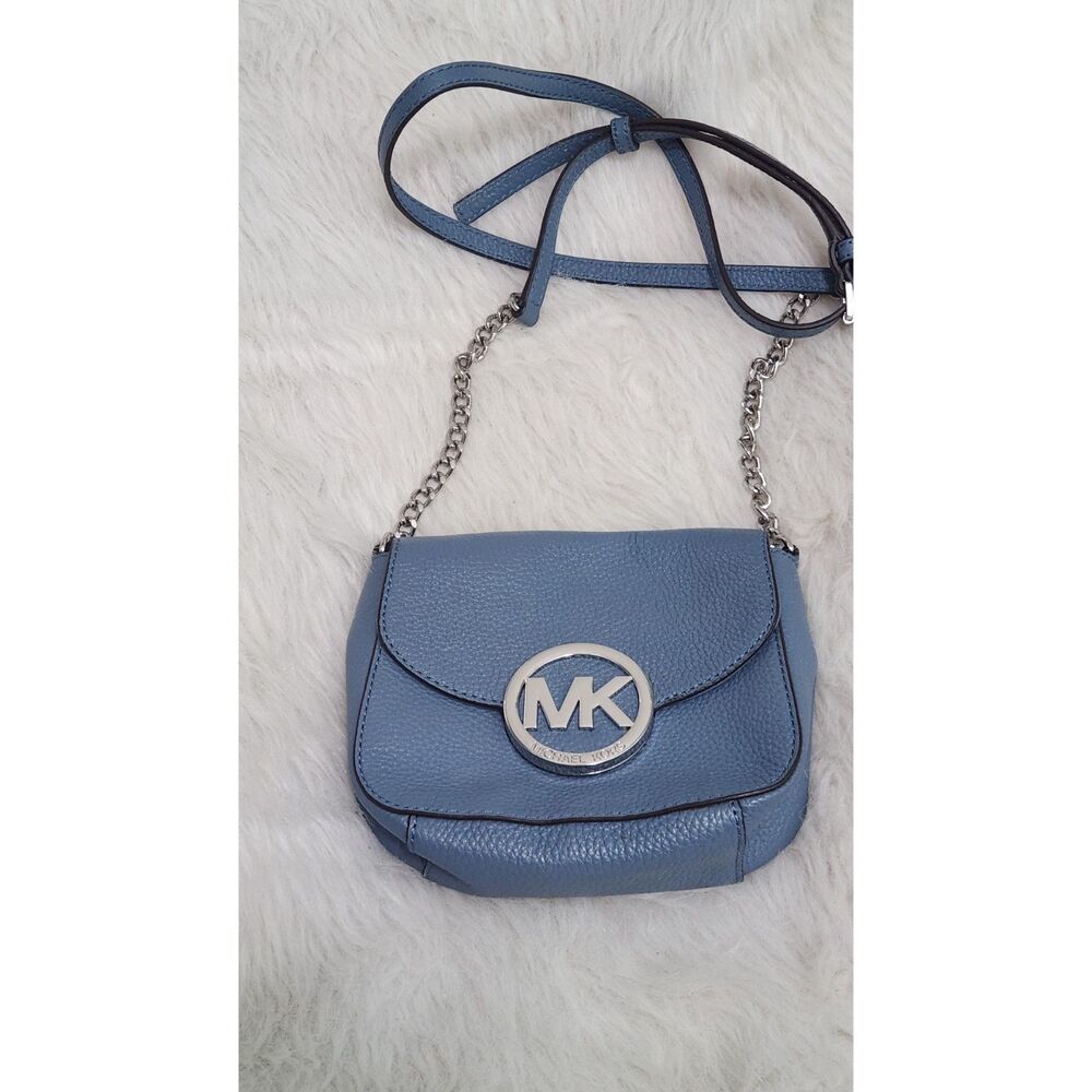 Michael Kors Fulton Logo Crossbody Genuine Pale Blue Pebble Leather handbag bag